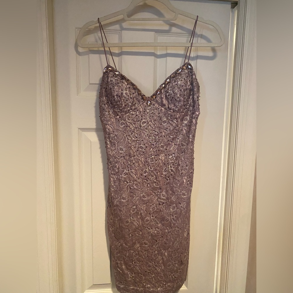 Aidan Mattox blush beaded lace dress